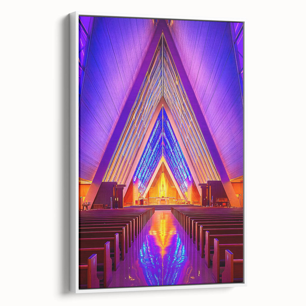 Vintage poster art of architectural design in colorful hues on a large framed canvas, suitable for living room decor.