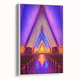 Vintage poster art of architectural design in colorful hues on a large framed canvas, suitable for living room decor.