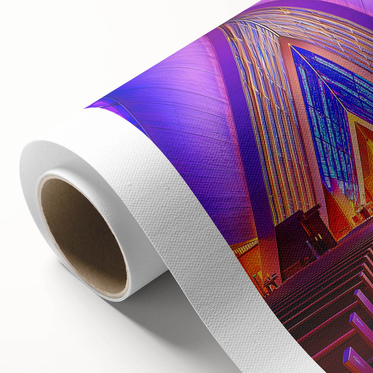 Art deco poster of a stylized cityscape on rolled canvas, using pastel shades, ideal for nursery wall art.