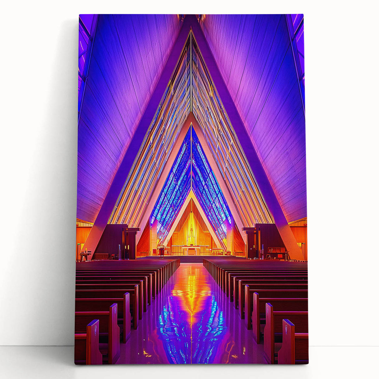 Large black and white photo of an architectural structure on stretched canvas.