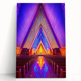 Large black and white photo of an architectural structure on stretched canvas.