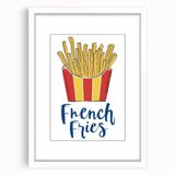 Abstract art print featuring swirling blue and white patterns, framed in white, suitable for dining room or bedroom decor.