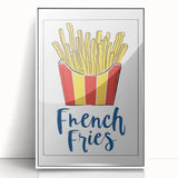 Art deco poster featuring colorful dishes in bold lines on a white acrylic framed print, suitable for nursery wall decor.