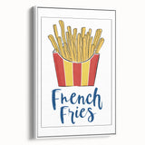 Extra large framed canvas of vintage poster art featuring colorful dishes on a black background, ideal for living room decor.