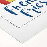 Art deco poster of colorful dishes on a rolled canvas, ideal for dining room wall art.