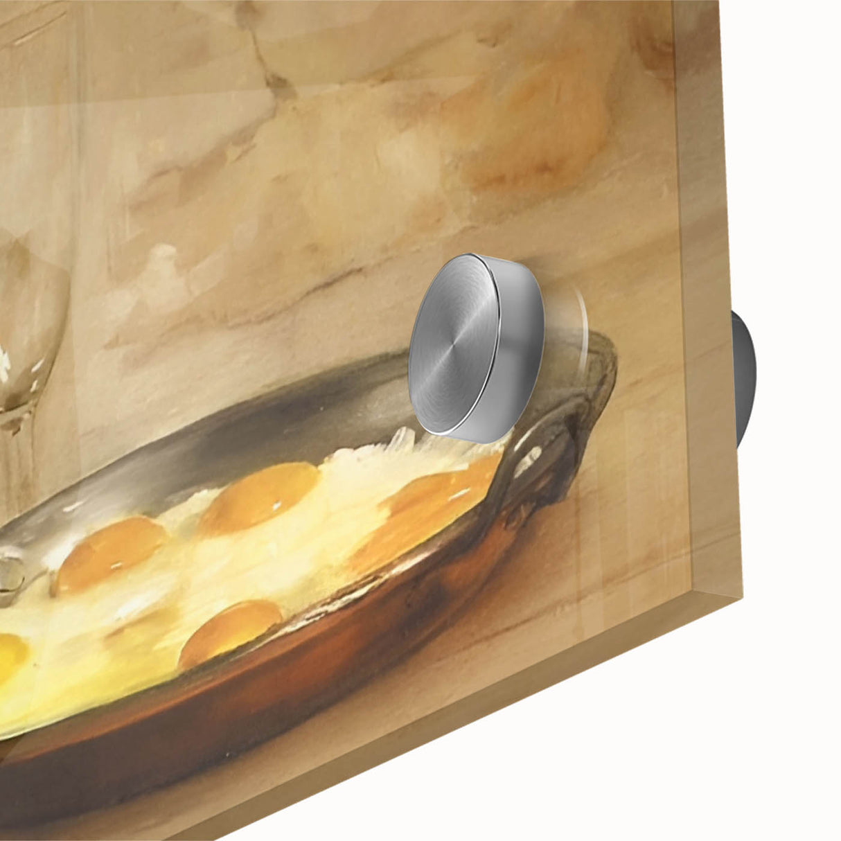 Large abstract wall art featuring assorted food dishes in vibrant colors on acrylic glass, ideal for dining room decor.