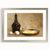 Textured art depicting abstract food dishes in muted earth tones on a framed silver mat, suitable for bedroom decor.