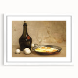 Abstract art print featuring assorted food dishes in muted earth tones on a white framed mat, suitable for dining room decor.