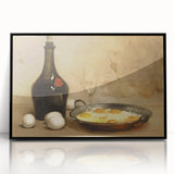 Large abstract wall art featuring assorted food dishes in a mid-century modernist style, presented in a black framed acrylic.