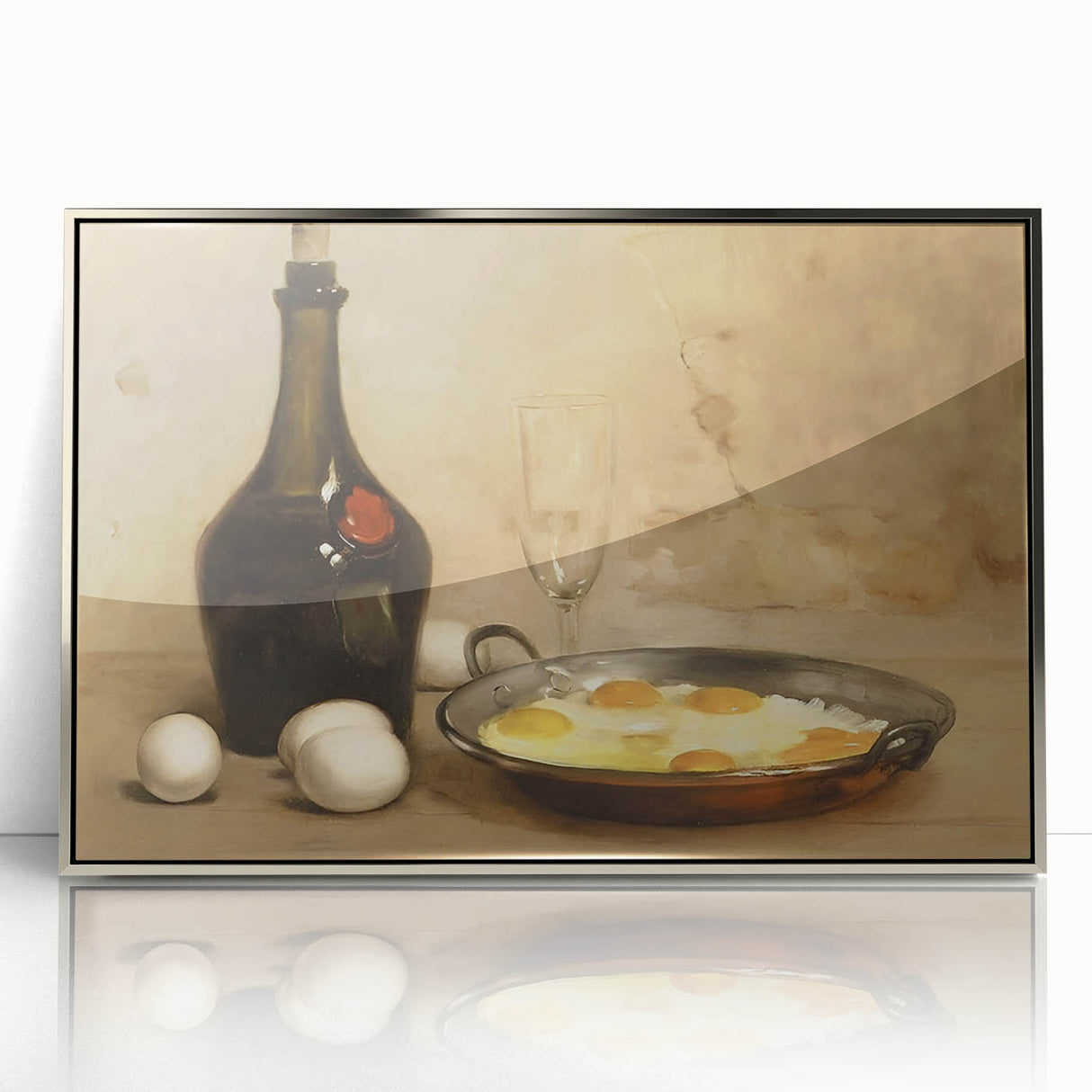 Mid-century modernist art featuring assorted food dishes in pastel shades on a silver-framed acrylic print.