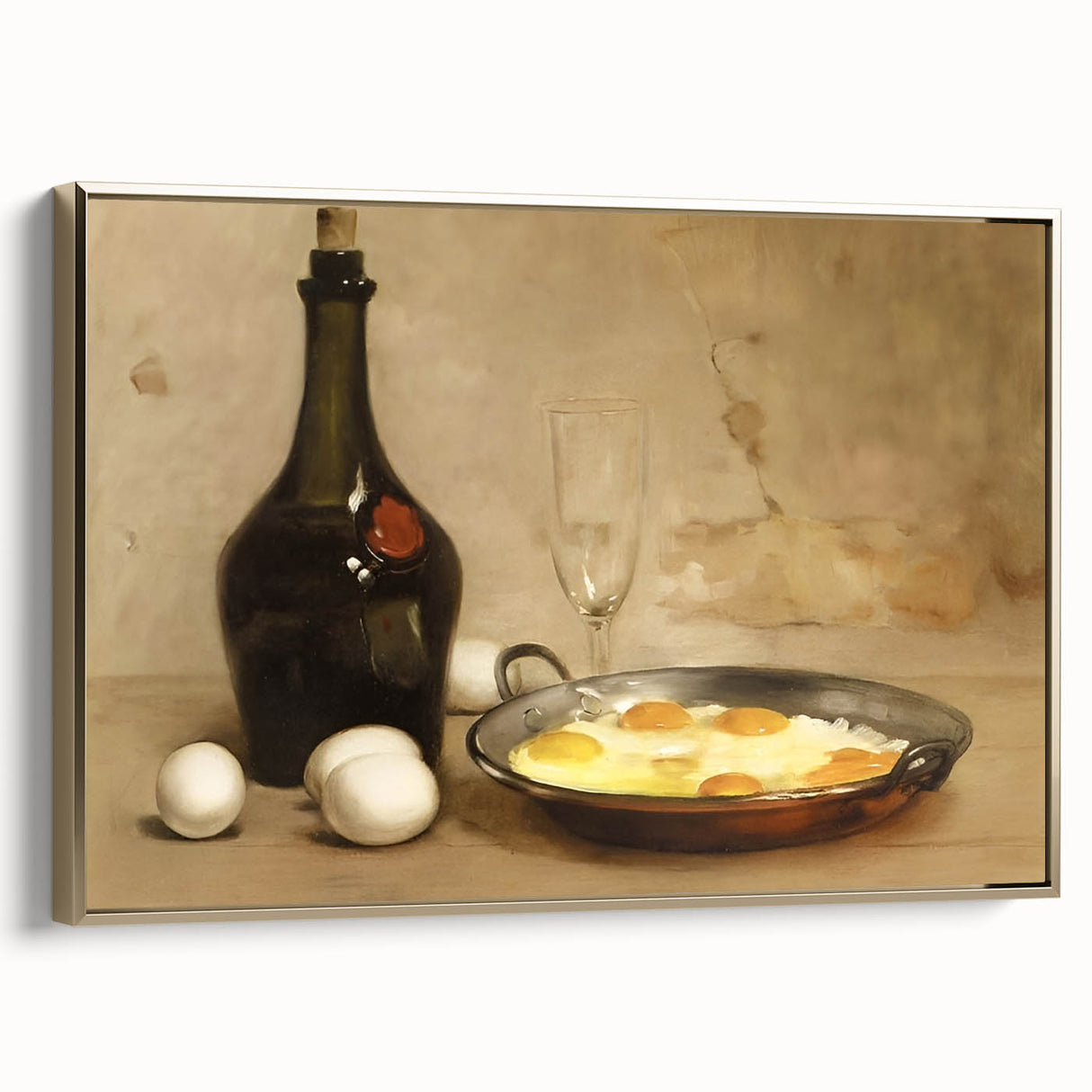 Framed canvas featuring vintage poster art of various food dishes in a black and gold color scheme.