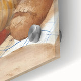 Large abstract wall art on acrylic glass featuring mid-century modernist shapes in muted earth tones.