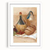 Abstract art print of assorted beverages in muted earth tones on a framed white canvas, suitable for dining room decor.