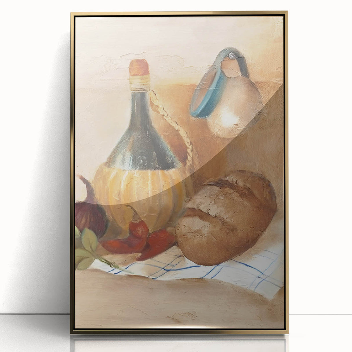 Mid-century modernist art of food and drinks in gold tones on a framed acrylic, ideal for modern kitchen decor.