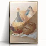 Mid-century modernist art of food and drinks in gold tones on a framed acrylic, ideal for modern kitchen decor.