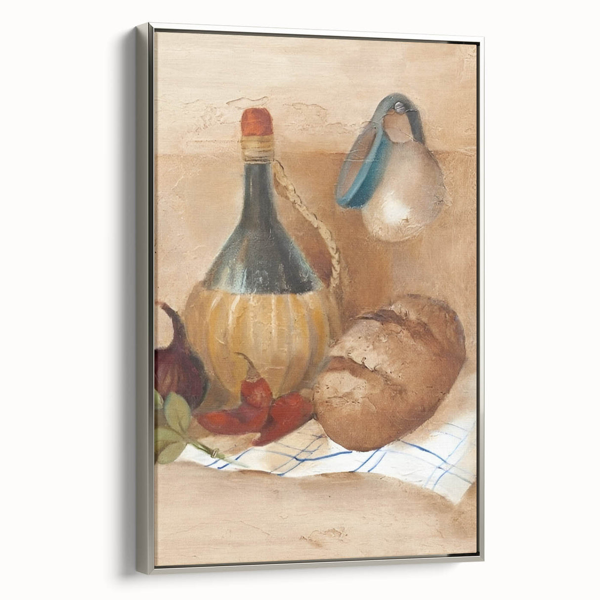 Landscape art painting of colorful, vintage-style food and drinks on a black background, framed in silver canvas.