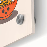 Large abstract wall art on acrylic glass featuring vibrant orange and teal splashes, ideal for dining room ambiance.