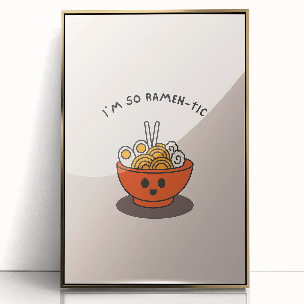 Large art print of a mid-century modernist food-inspired design in gold and white tones on framed acrylic.