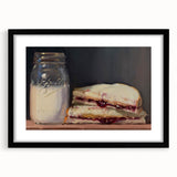 Extra large abstract art print of colorful pastries in various shapes, framed in black, ideal for living room decor.