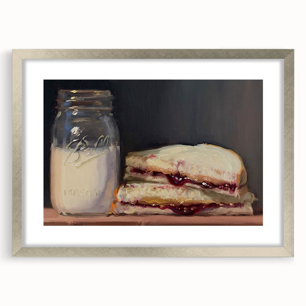 Textured art print of abstract pastries in muted earth tones, framed in silver, ideal for bedroom wall decor.