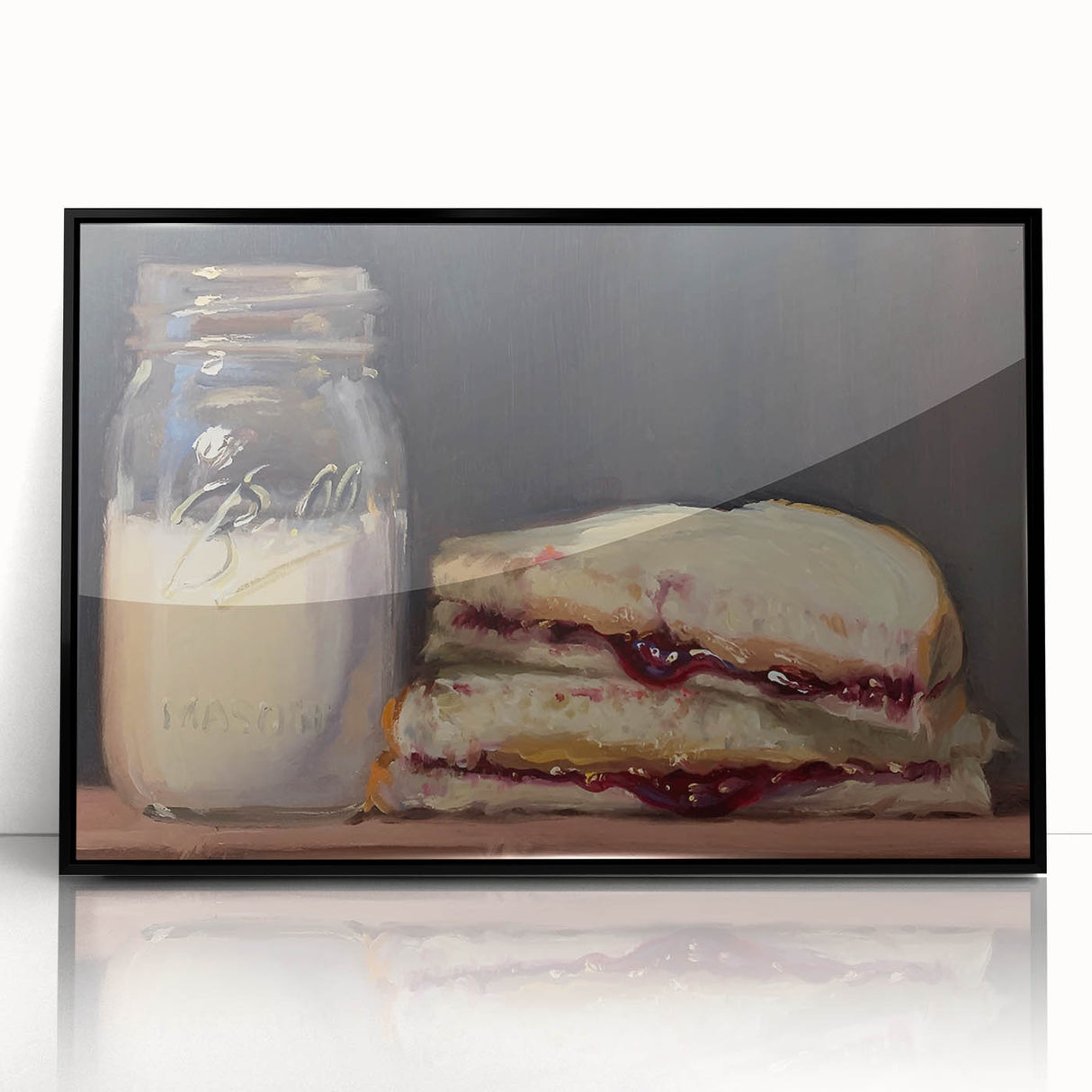 Large abstract wall art featuring assorted pastries in muted colors, framed in black acrylic, suitable for kitchen decor.