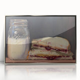 Mid-century modernist art featuring assorted pastries in muted colors, framed in silver acrylic.