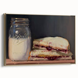 Framed canvas featuring vintage poster art of assorted pastries in muted gold and black tones, ideal for bedroom decor.