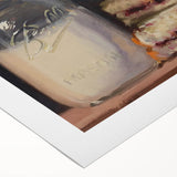 Art deco poster of assorted pastries in pastel tones on a rolled canvas, suitable for dining room decor.