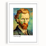 Abstract art print featuring swirls of vibrant blue and yellow hues on a white framed canvas, ideal for dining room decor.