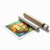 Impressionist-style floral art by Van Gogh on a rolled print, featuring vibrant blues and yellows.