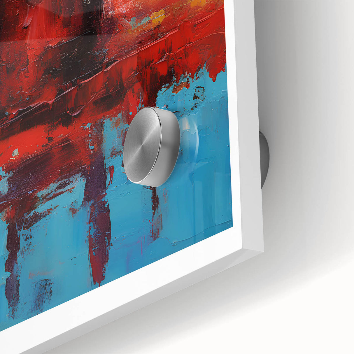 Large abstract wall art in deep red and black tones on acrylic glass, ideal for dining room ambiance.