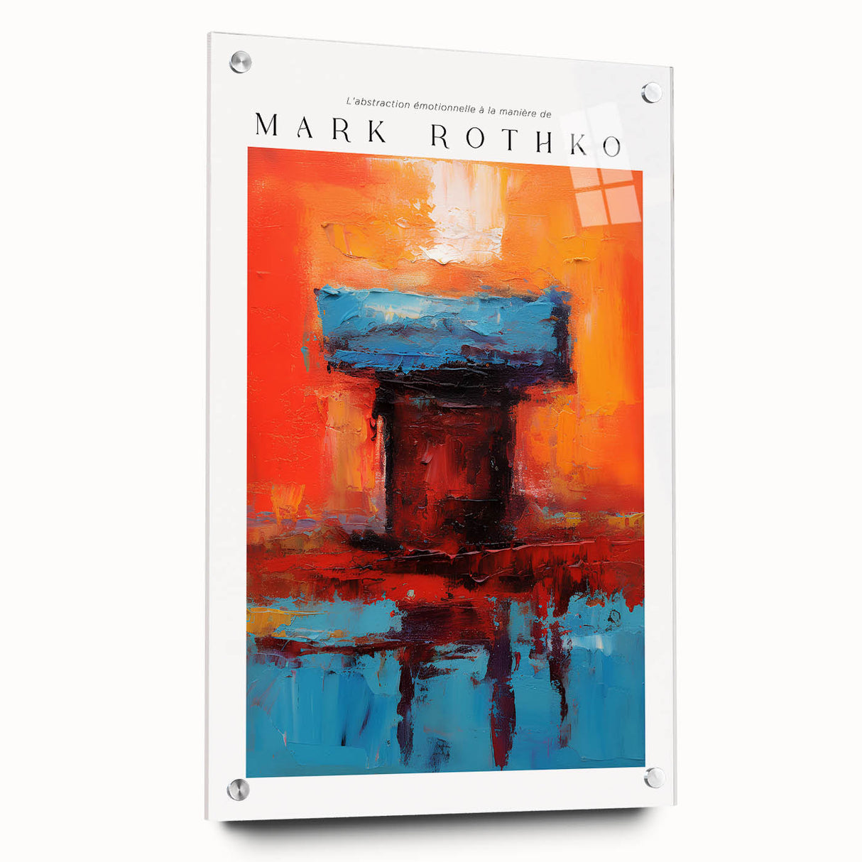 Large abstract wall art by Mark Rothko in muted reds and oranges on acrylic glass, suitable for bedroom or dining room decor.
