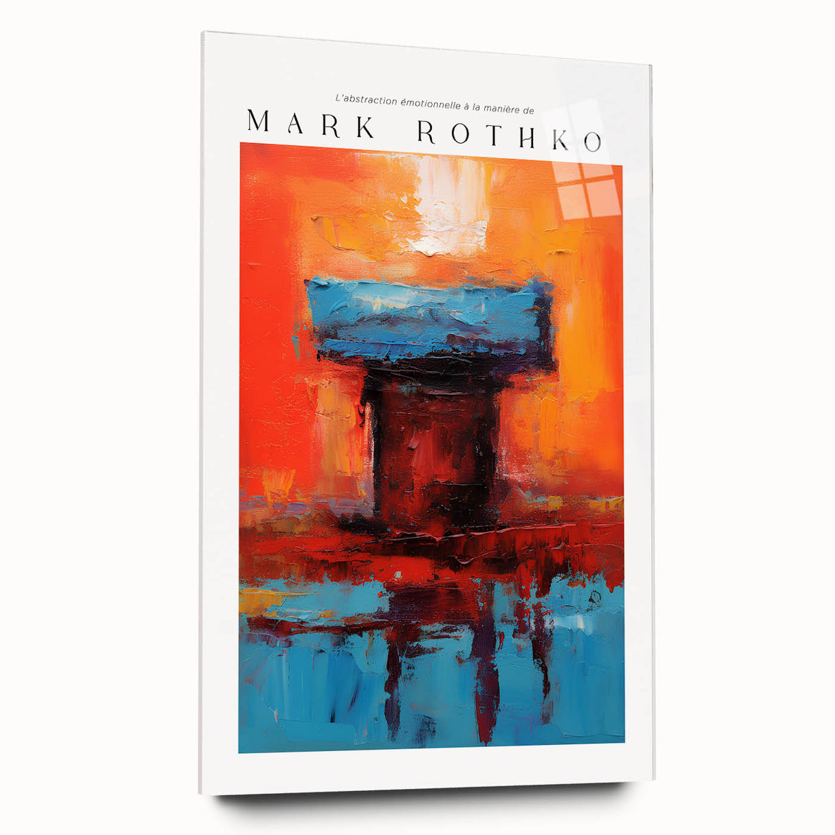 Large abstract wall art in shades of blue and green on acrylic glass, suitable for bedroom or dining room decor.