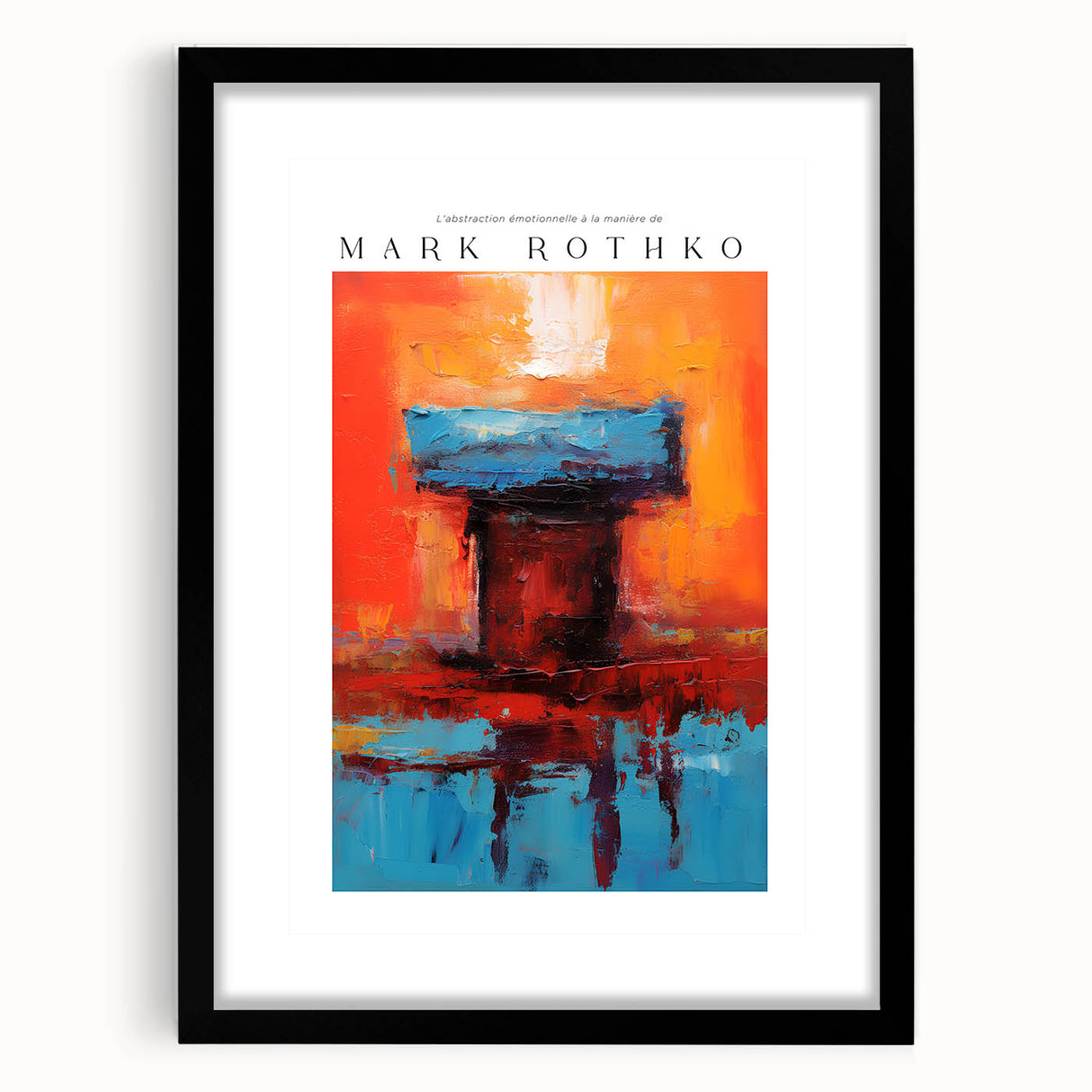 Extra large abstract art print featuring colorful, textured blocks, framed in black, ideal for living room decor.