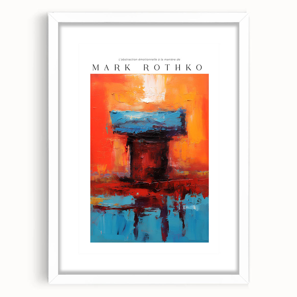 Abstract art print in red and orange shades on a white framed canvas, suitable for dining or bedroom decor.