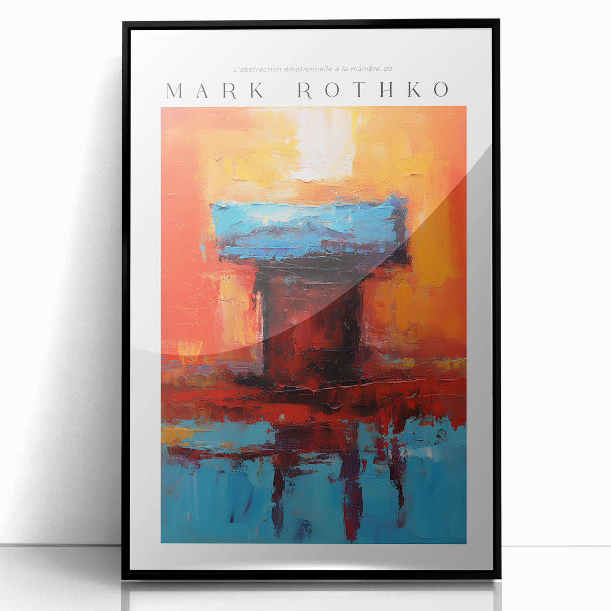Large abstract wall art by Mark Rothko, featuring vibrant red and orange tones on a framed acrylic.