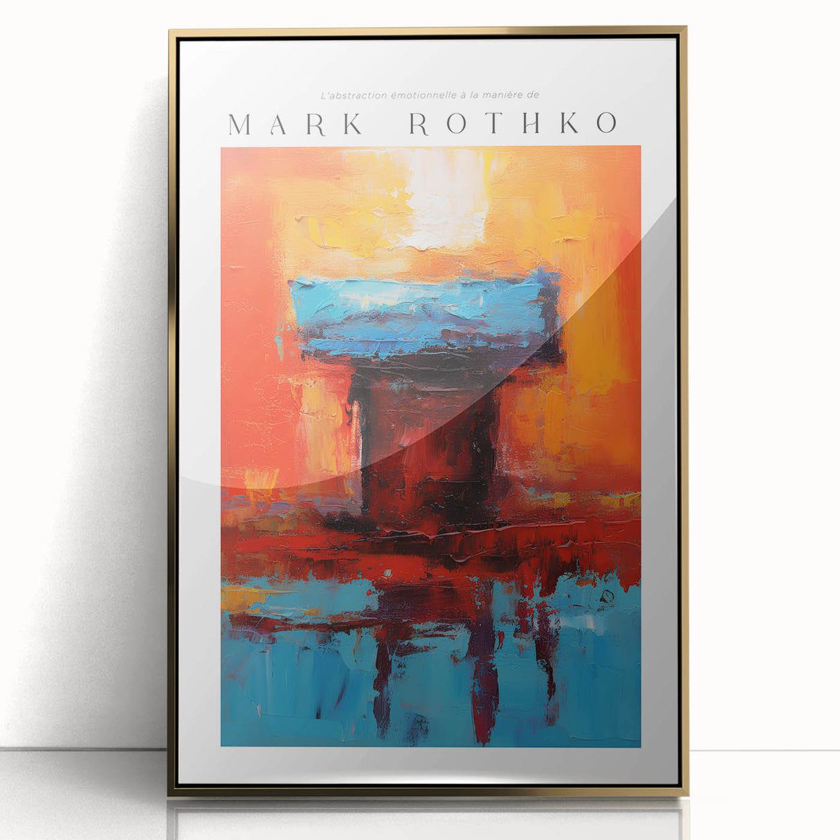 Large art print of a Mark Rothko-inspired abstract in red and orange tones on acrylic, framed in gold.