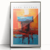 Mid-century modernist art featuring Rothko-inspired blocks in muted red and orange on a framed acrylic print.