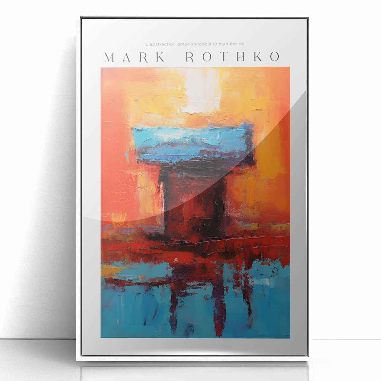 Modern art wall decor featuring a Rothko-inspired acrylic print with deep red and black hues, framed in white.