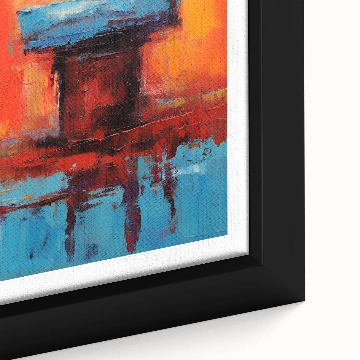 Extra large framed canvas featuring a textured, abstract design in black with vibrant color splashes.