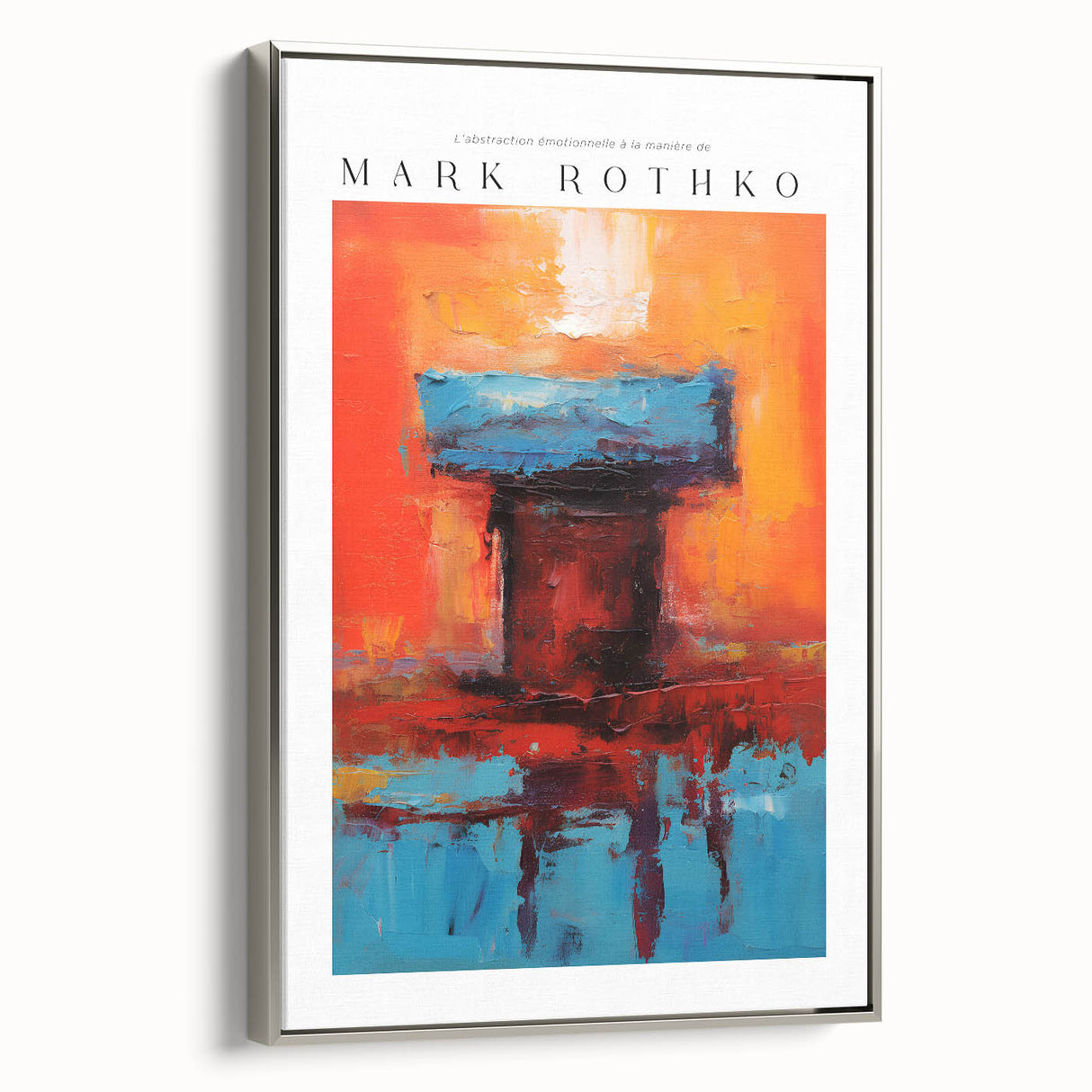 Modern landscape art painting featuring vibrant colorful streaks on black canvas, framed in silver.