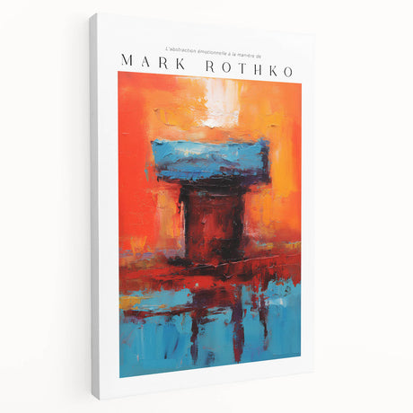 Modern abstract canvas featuring large blocks of red and orange, ideal for kitchen wall art.