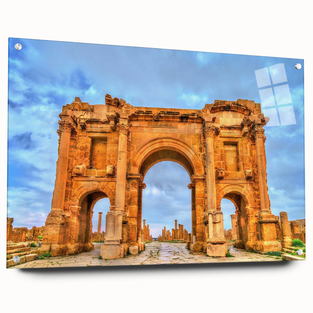 Large abstract wall art depicting Algerian scenery in muted earth tones on acrylic glass.