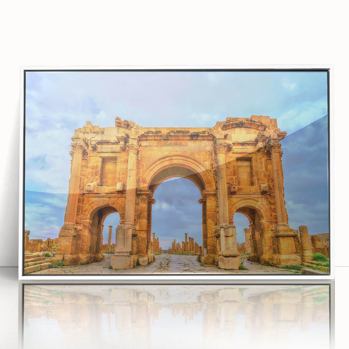 Large art print of an Algerian landscape in mid-century modernist style, with muted earth tones on a framed acrylic.