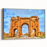 Landscape painting of Algerian scenery on framed canvas, featuring golden hues with black and colorful accents.