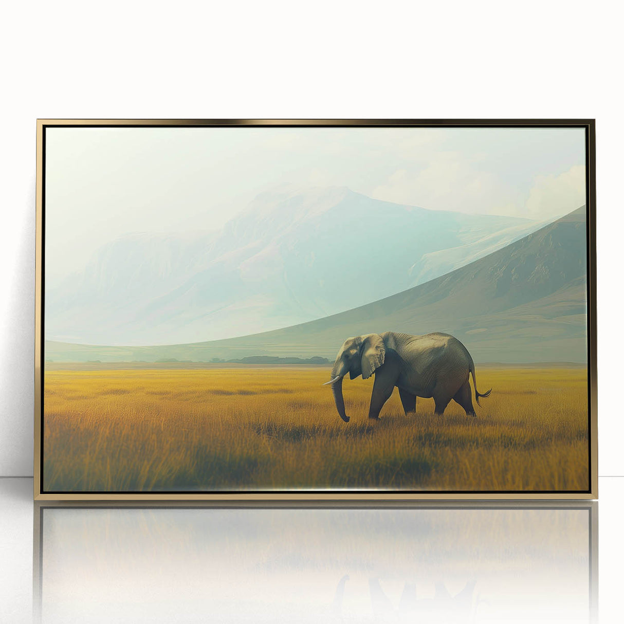 Mid-century modernist art depicting a serene Kenyan landscape in muted earth tones on a framed acrylic panel.