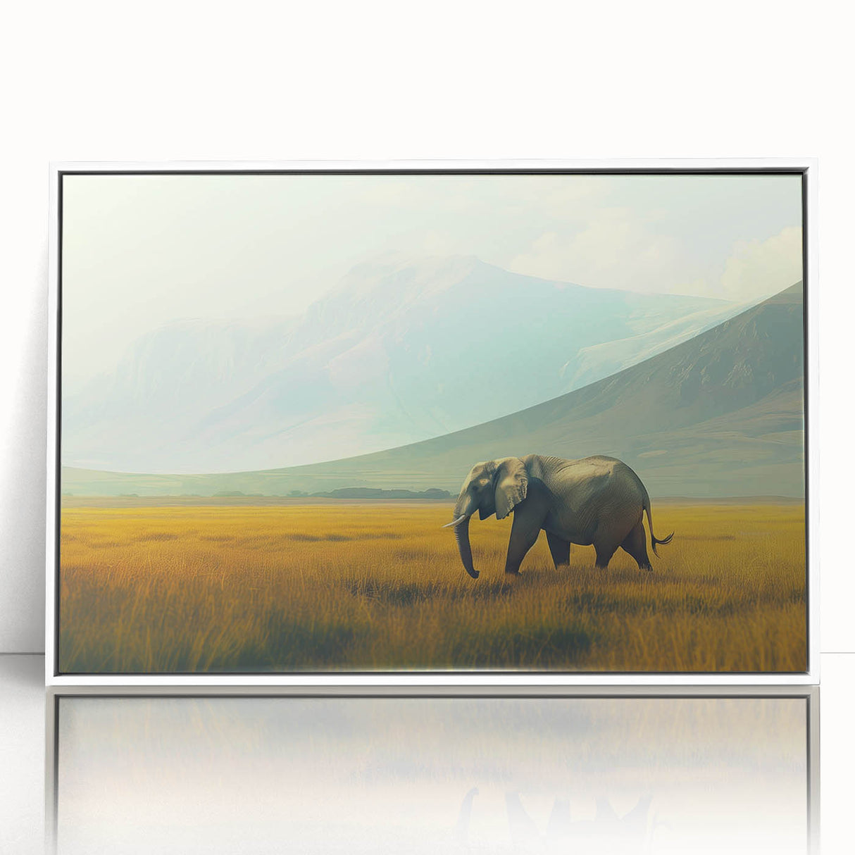 Large art print of a Kenyan landscape on white framed acrylic, featuring mid-century modernist style with muted earth tones.