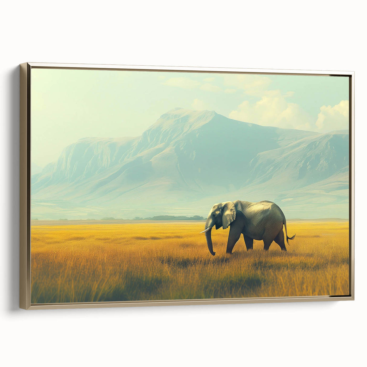 Framed canvas of a Kenyan landscape with vibrant green and gold tones, ideal for enhancing a living room or study.