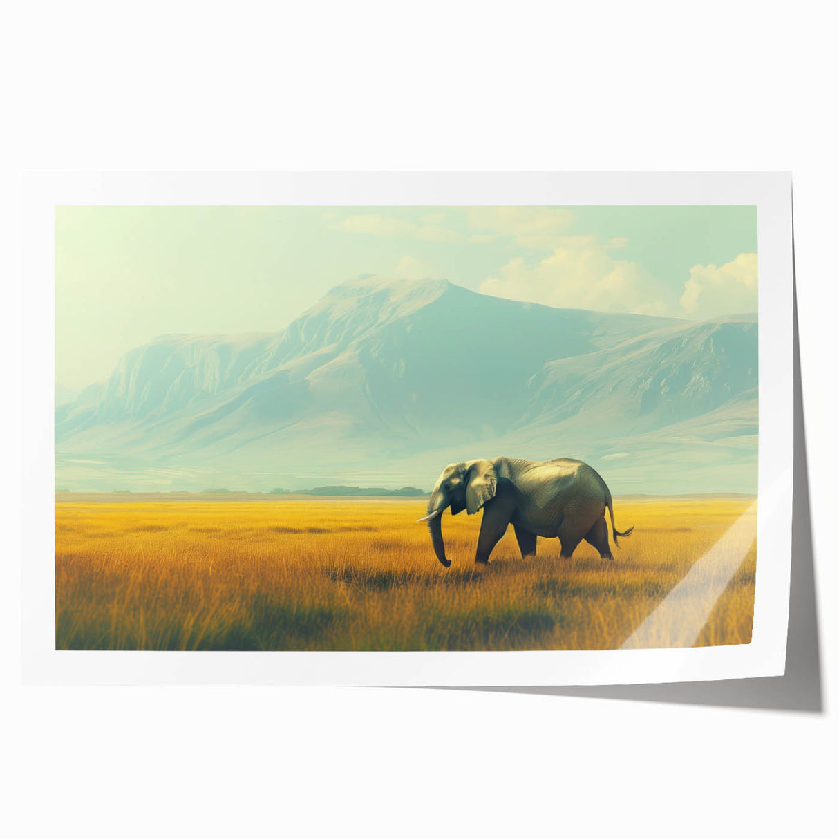 Extra large rolled print of an African savannah scene in muted earth tones, ideal for dining room wall art.