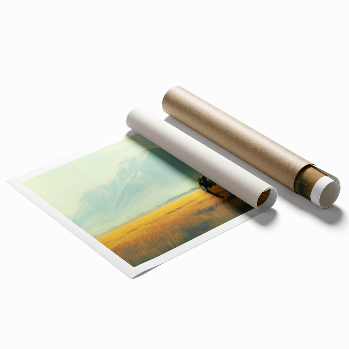 Extra large rolled print of a Kenyan landscape featuring muted earth tones and floral elements.